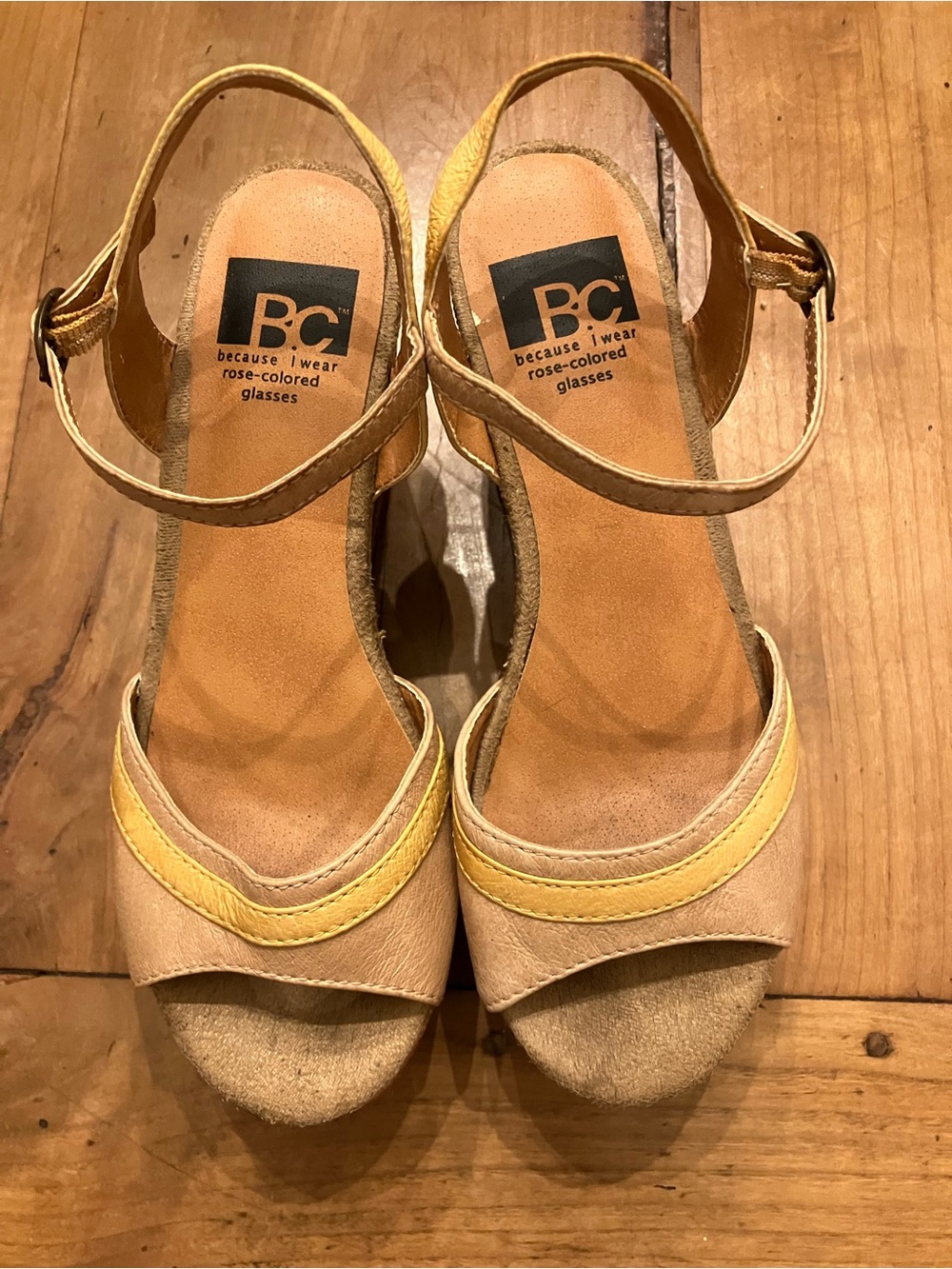 BC Footwear Yellow and Beige Leather Slingback Platform Sandals